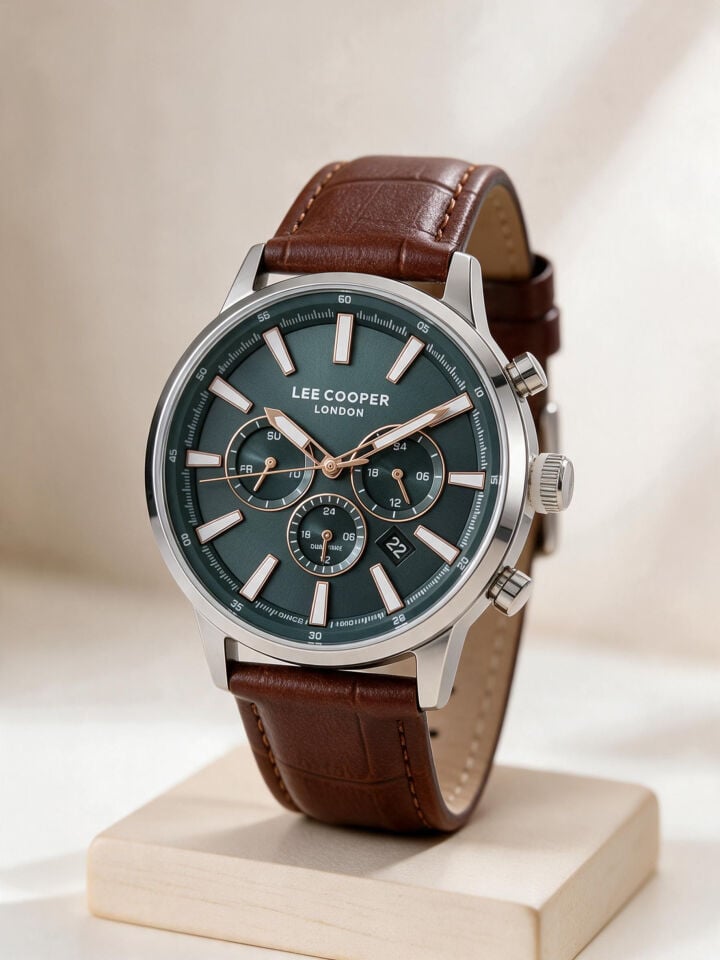 Lee Cooper Kahverengi Deri Kayış Yeşil Kadran 40 mm Yuvarlak Erkek Kol Saati, Bileklik Hediyeli