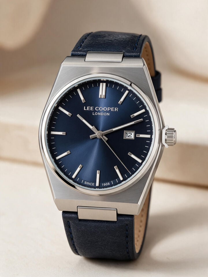 Lee Cooper Lacivert Deri Kayış Mavi Kadran 40 mm Yuvarlak Erkek Kol Saati, Bileklik Hediyeli