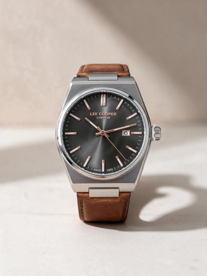 Lee Cooper Taba Deri Kayış Füme Kadran 40 mm Yuvarlak Erkek Kol Saati, Bileklik Hediyeli