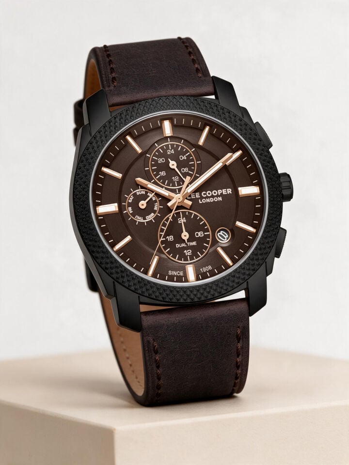 Lee Cooper Kahverengi Deri Kayış Kahverengi Kadran 42 mm Yuvarlak Erkek Kol Saati, Bileklik Hediyeli