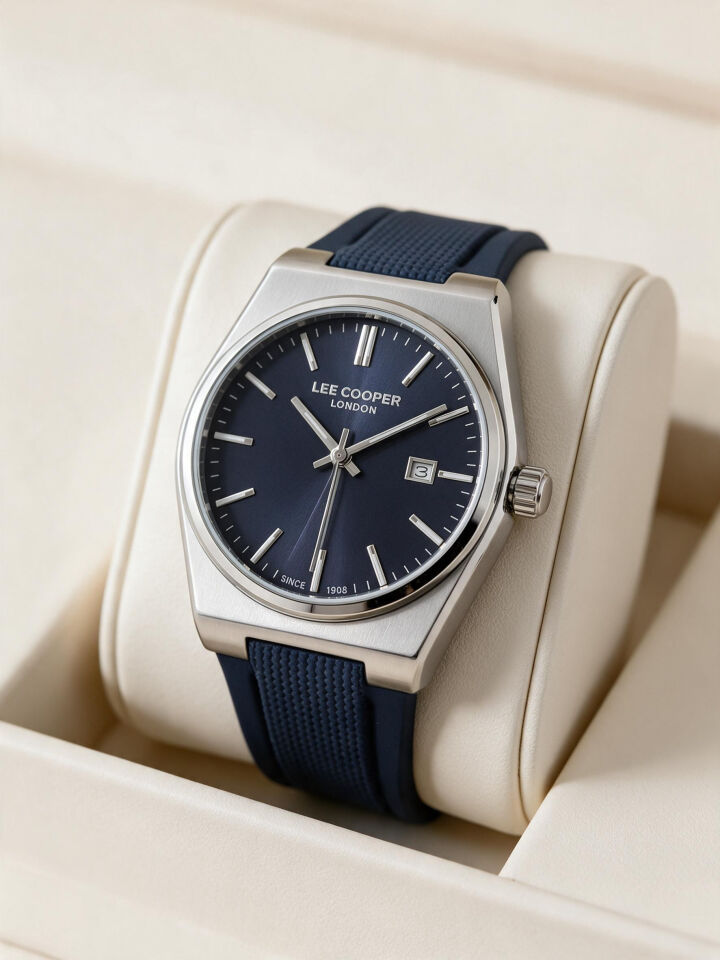 Lee Cooper Lacivert Silikon Kayış Mavi Kadran 40 mm Yuvarlak Erkek Kol Saati, Bileklik Hediyeli