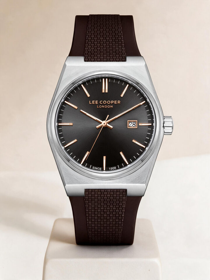 Lee Cooper Kahverengi Silikon Kayış Füme Kadran 40 mm Yuvarlak Erkek Kol Saati, Bileklik Hediyeli