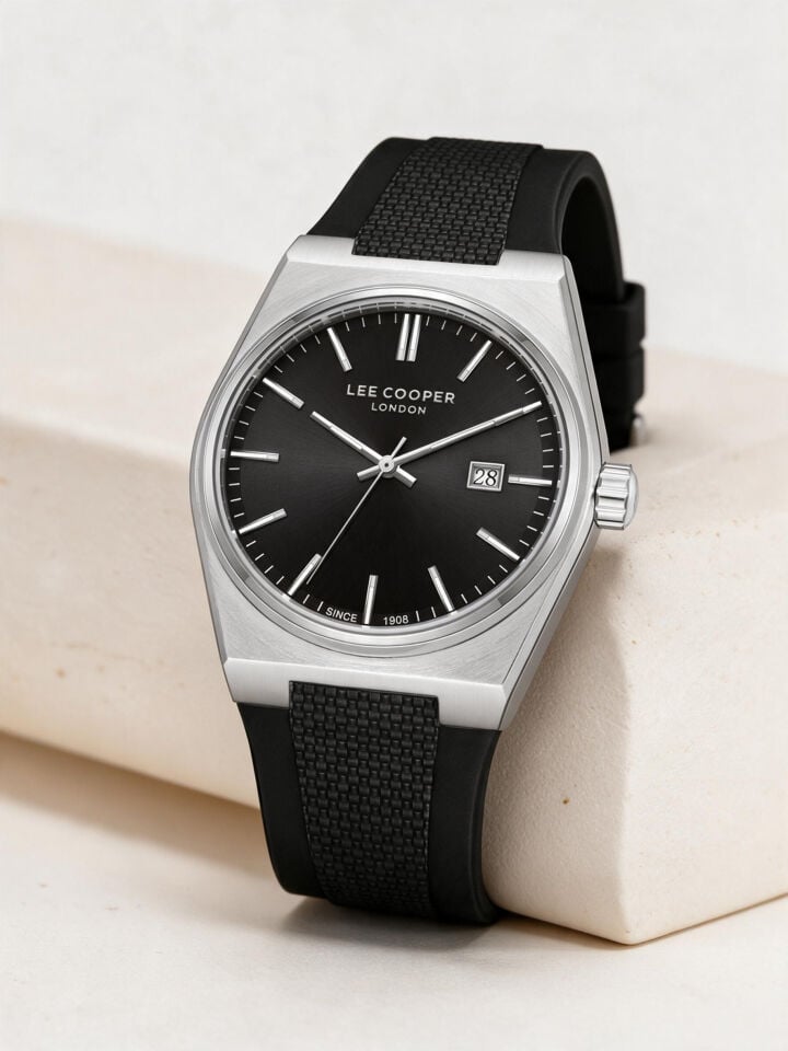 Lee Cooper Siyah Silikon Kayış Siyah Kadran 40 mm Yuvarlak Erkek Kol Saati, Bileklik Hediyeli