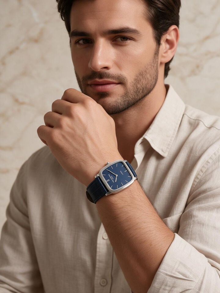 Lee Cooper Lacivert Deri Kayış Mavi Kadran 40 mm Dikdörtgen Erkek Kol Saati, Bileklik Hediyeli